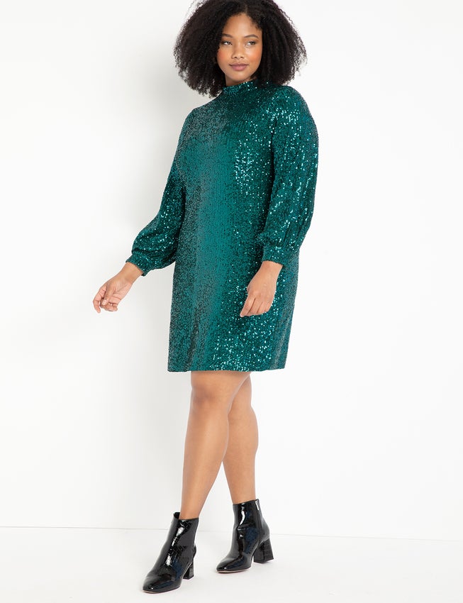 Mock Neck Sequin Dress With Puff Sleeve